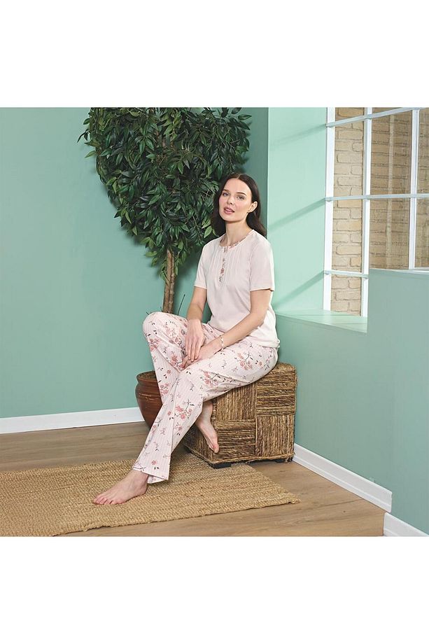 Over Sleep 1816 Kadın Kısa Kol Uzun Alt Yazlık Pijama Takım - 1