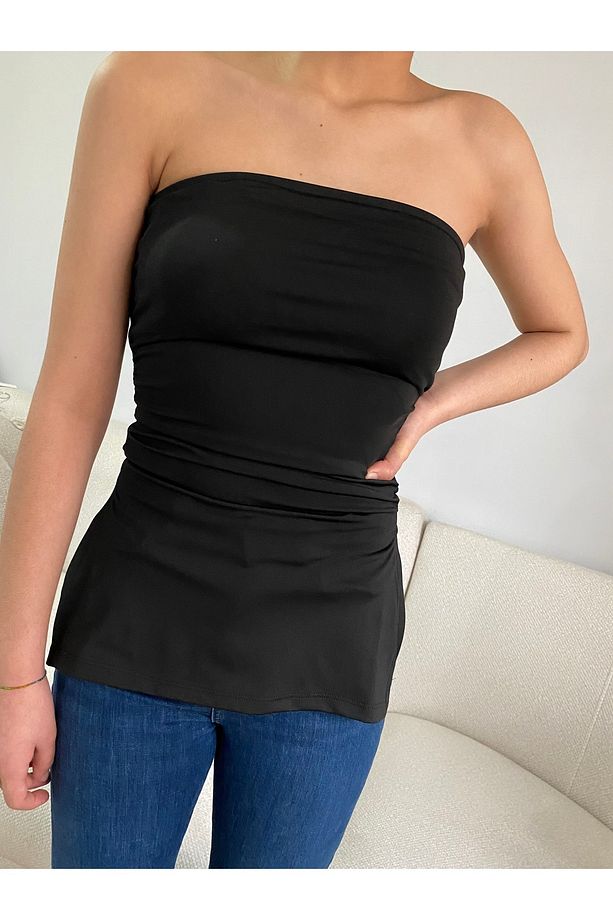 straplez dalgıç kumaş yırtmaçlı siyah bluz - 6