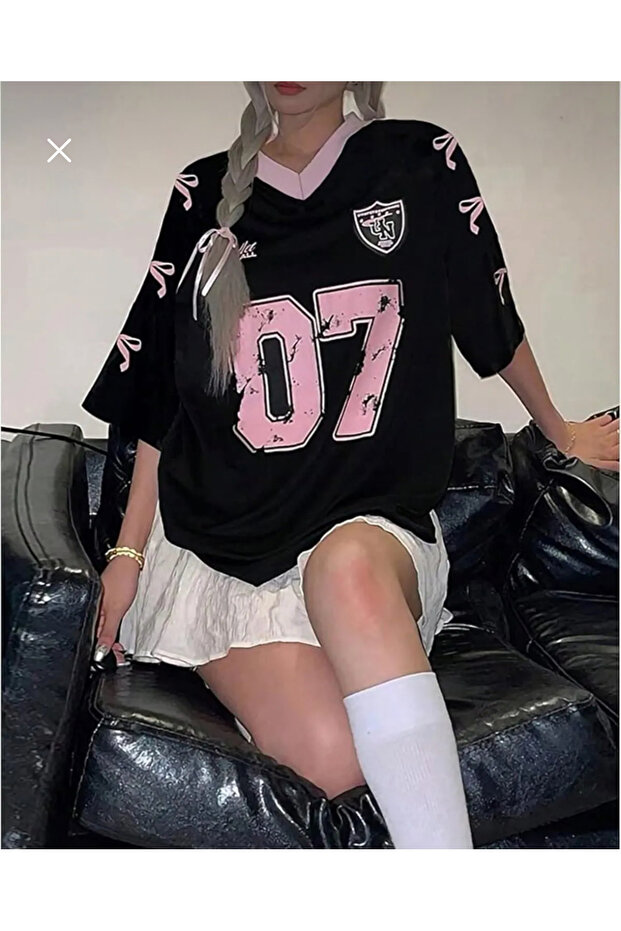 Aesthia Ribbon Pembe siyah Oversize Unisex forma