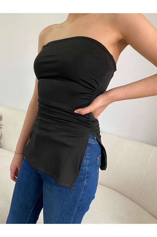 straplez dalgıç kumaş yırtmaçlı siyah bluz - 4