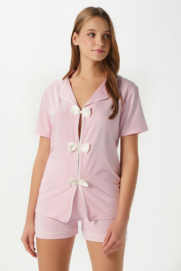 Kadın Violet Pembe Şortlu Fiyonklu Alt Üst Pijama Takımı - 2