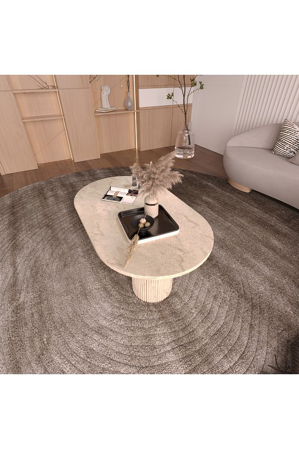 Bohem Traverten Desenli Oval Orta Sehpa - Silindirik Ayak Tasarımı 100% MDF - 6