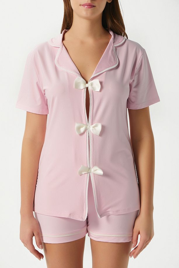 Kadın Violet Pembe Şortlu Fiyonklu Alt Üst Pijama Takımı - 3