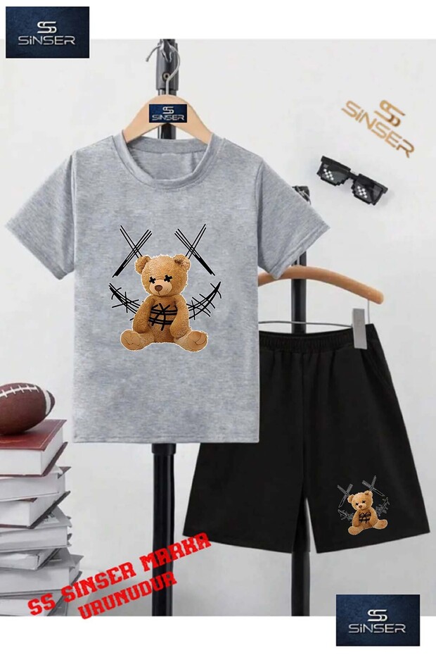 Children's "Bear with Thread Carpi" Special Printed Crew Neck T-Shirt - Shorts Set