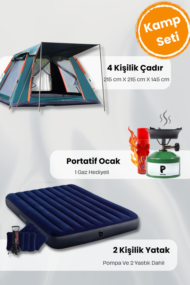4 Kişilik Tenteli Çadır Seti 2 Kişilik Yatak ve Kamp Ocağı - 1