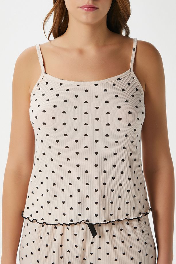 Kadın June Askılı Kalp Desen Pudra Alt Üst Pijama Takımı - 4