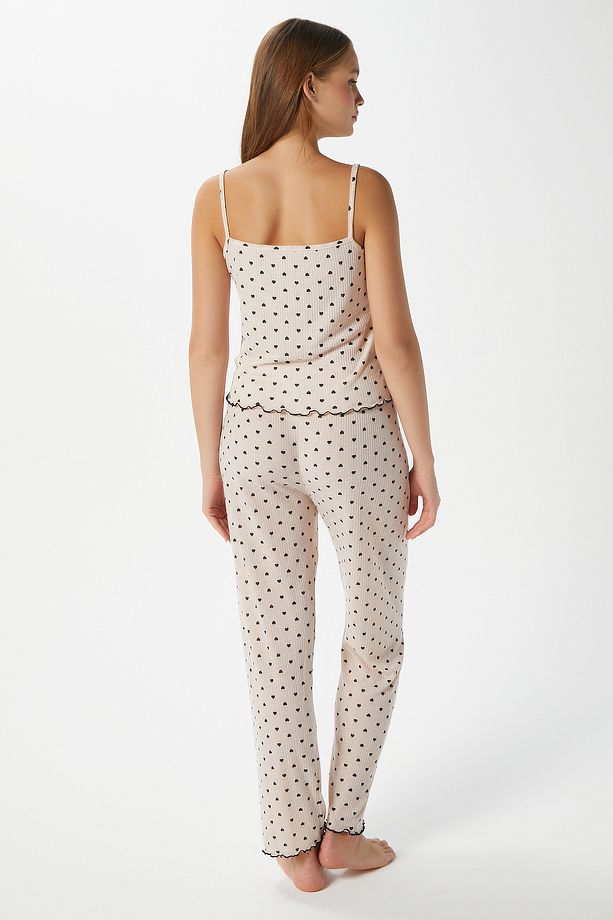 Kadın June Askılı Kalp Desen Pudra Alt Üst Pijama Takımı - 6