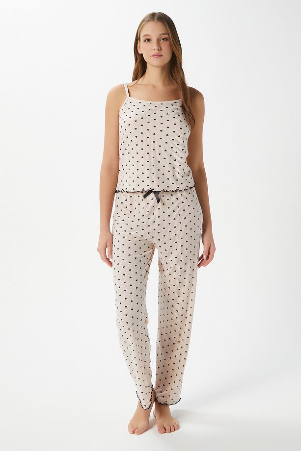 Kadın June Askılı Kalp Desen Pudra Alt Üst Pijama Takımı - 2