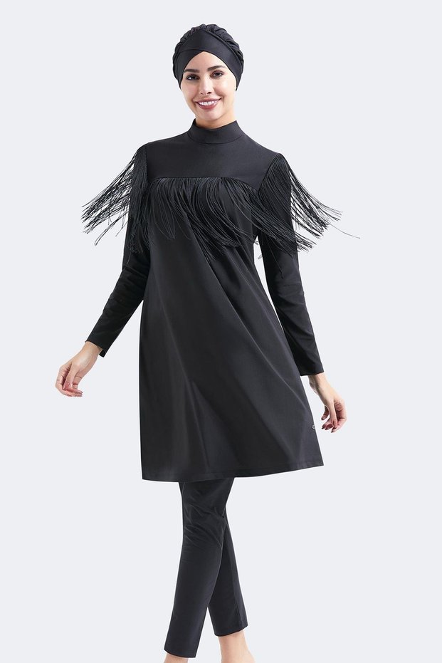 Full Covered 4-Piece Tassel Detail Hijab Swimsuit C14060 Black