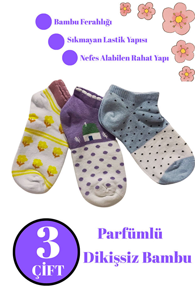 Women's Quality Bamboo Flower Patterned (3 Pairs) Perfumed Short Booties Socks