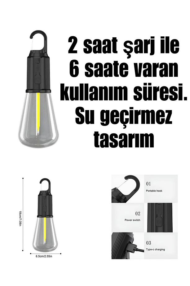 2 Led Gece Kitap Okuma Işığı Standlı 3 Mod'lu Şarjlı Dekor Led Lamba Rustik Ampul Lambader Fener - 6