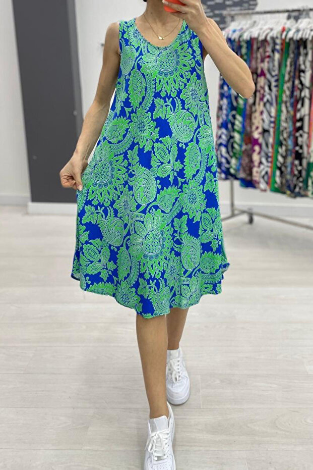 Women's Green Blue Patterned Sleeveless Midi Dress