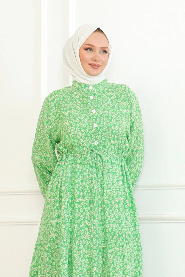 Papatya Desenli Viskon Elbise - Yeşil - 4