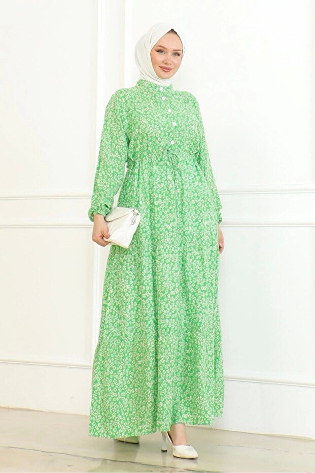 Papatya Desenli Viskon Elbise - Yeşil - 3