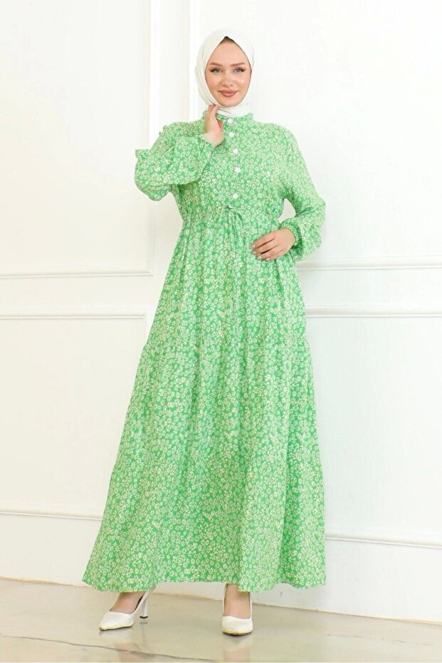 Papatya Desenli Viskon Elbise - Yeşil - 2