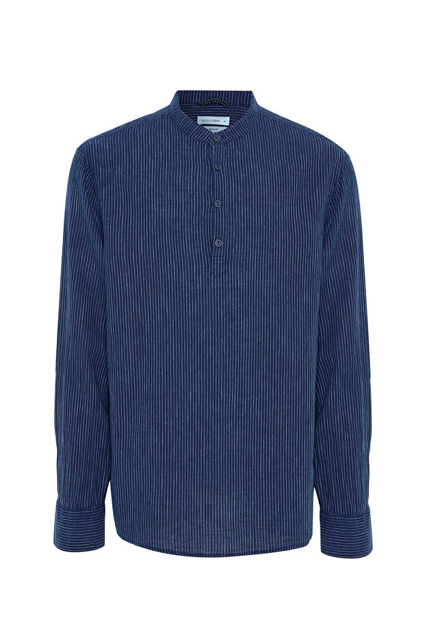 Men's Indigo Striped Hakim Collar Long Sleeve Shirt