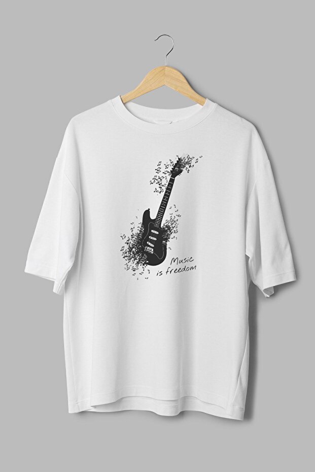 Guitar Rock Music Is Freedom Printed Semi Oversized White T-Shirt 1025