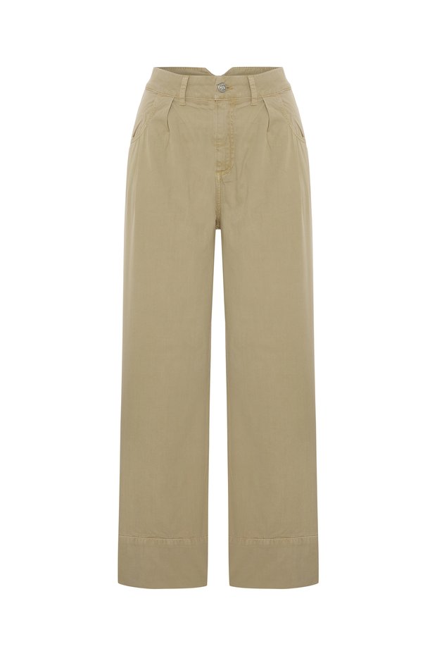 Women's Beige Loose Fit Pleated Detailed Trousers