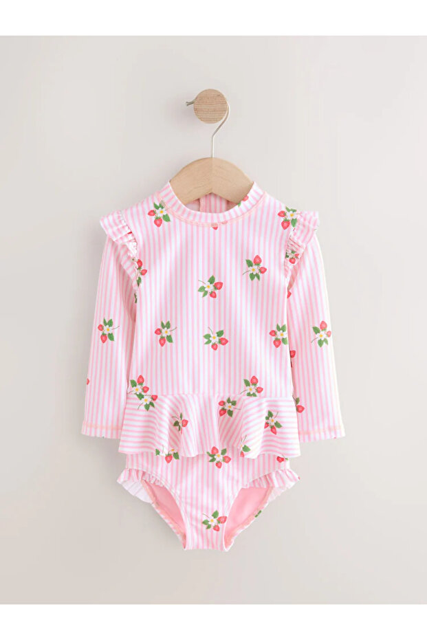 Sun Proof Upf50 One Piece Pink Strawberry Print Long Sleeve Swimsuit Alyab7039