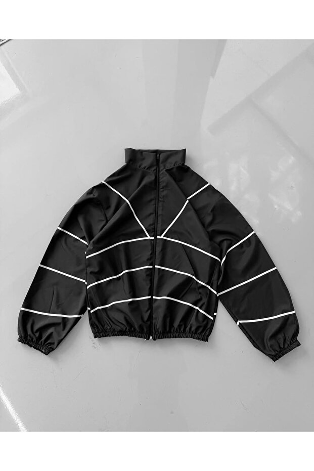 Unisex Parachute Fabric Line Detail Printed Oversize Blue Windbreaker Raincoat