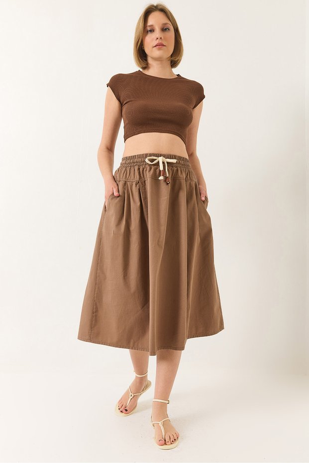 Women's Mink Waist Elasticized Tie-Detail Pocketed Poplin Skirt Ye4348 60283181