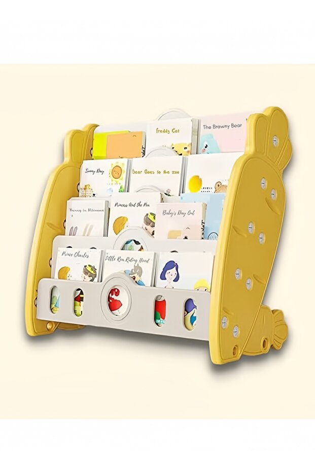 رف كتب للأطفال 2 في 1، مع صندوقين لتخزين الألعاب، سهل التركيب، لعرض تخزين الكتب، أصفر - 1