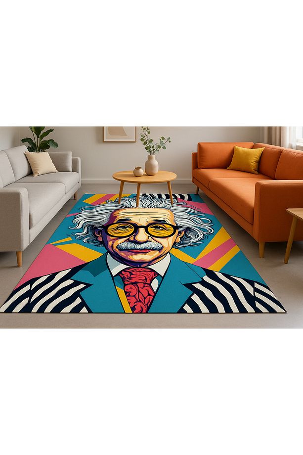 Albert Einstein Dekoratif Kaymaz Pamuk Taban Halı - 2