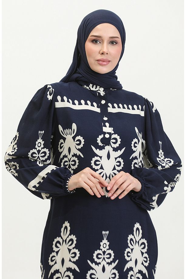 Viskon Kol Ucu Lastikli Desenli Elbise 0399-01 Lacivert - 4