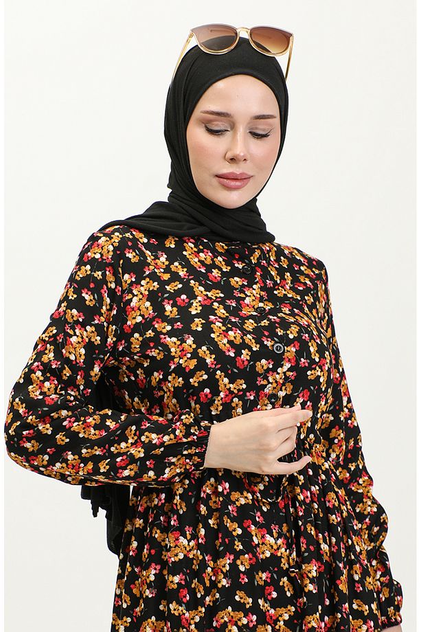 Çiçek Desenli Viskon Elbise 0426-01 Siyah Hardal - 3