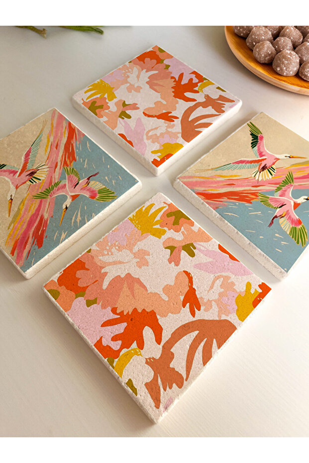 Colorful Stork Bird and Nature Patterned Natural Stone Coasters Set of 4 10X10 cm - 4
