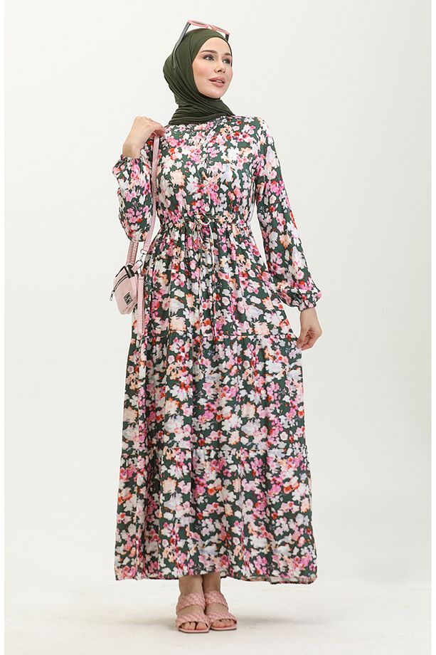 Çiçek Desenli Viskon Elbise 0442-01 Zümrüt Yeşili Pembe - 6