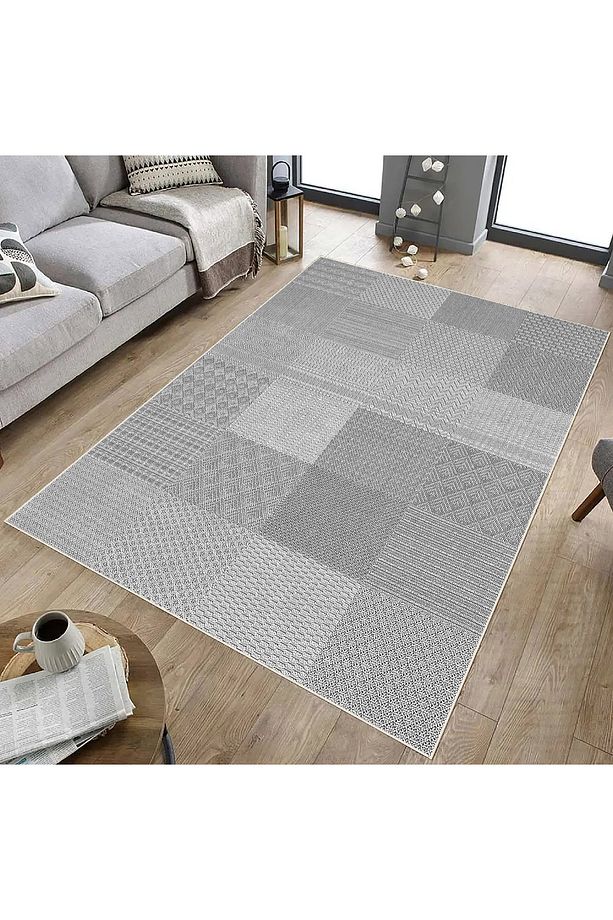 Salon Halısı Geometrik İskandinav Eskitmeli Dijital Baskı Yıkanabilir Kaymaz Taban 8148SALONHULYA - 3