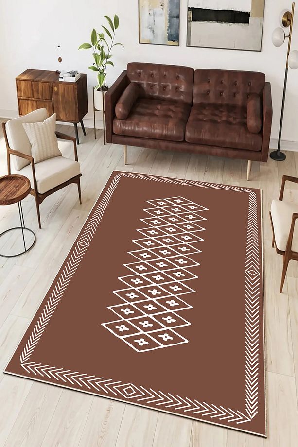 Salon Halısı Geometrik İskandinav Eskitmeli Dijital Baskı Yıkanabilir Kaymaz Taban 8177SALONHULYA - 1