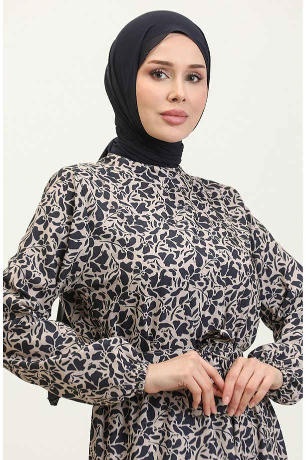 Adile Çiçek Desenli Krep Elbise 0347-05 Lacivert - 3