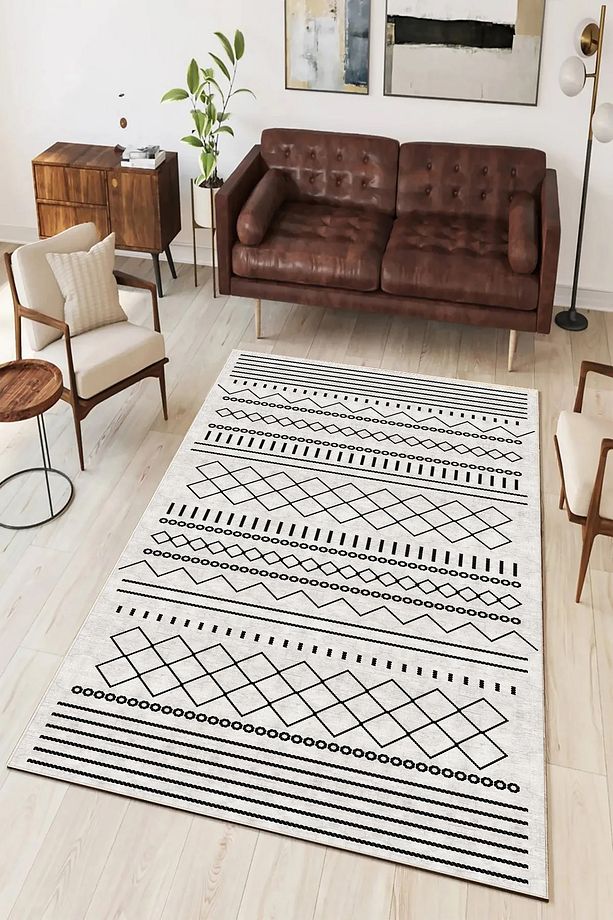 Salon Halısı Geometrik İskandinav Eskitmeli Dijital Baskı Yıkanabilir Kaymaz Taban 8176SALONHULYA - 1