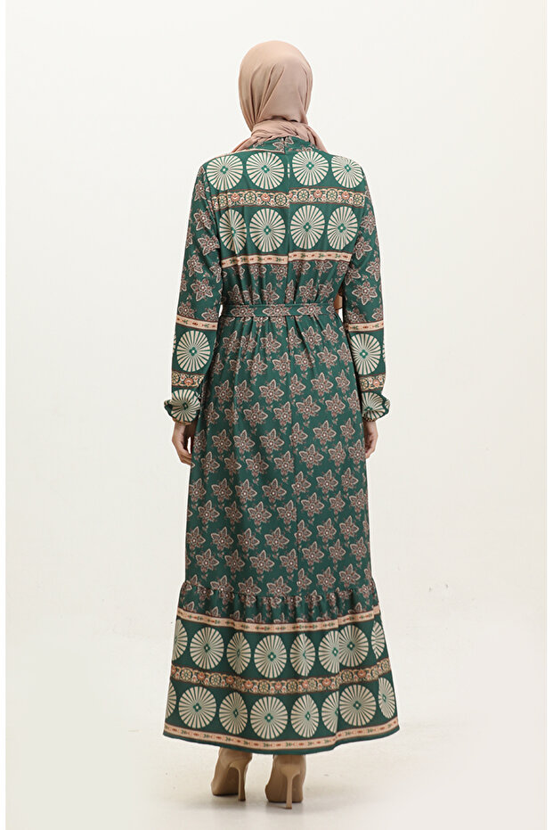 فستان ربيعي منقوش باللون الأخضر الزمردي - 0366-03 - 5