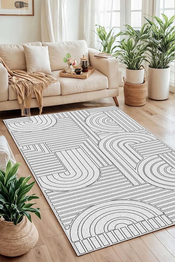 Salon Halısı Geometrik İskandinav Eskitmeli Dijital Baskı Yıkanabilir Kaymaz Taban 9017SALON - 1