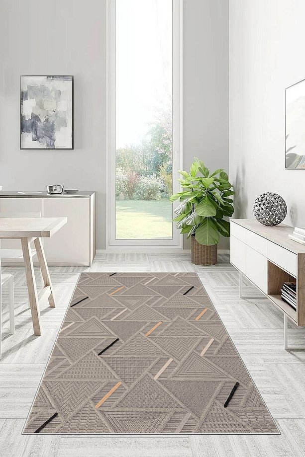 Salon Halısı Geometrik İskandinav Eskitmeli Dijital Baskı Yıkanabilir Kaymaz Taban  8149+ - 1