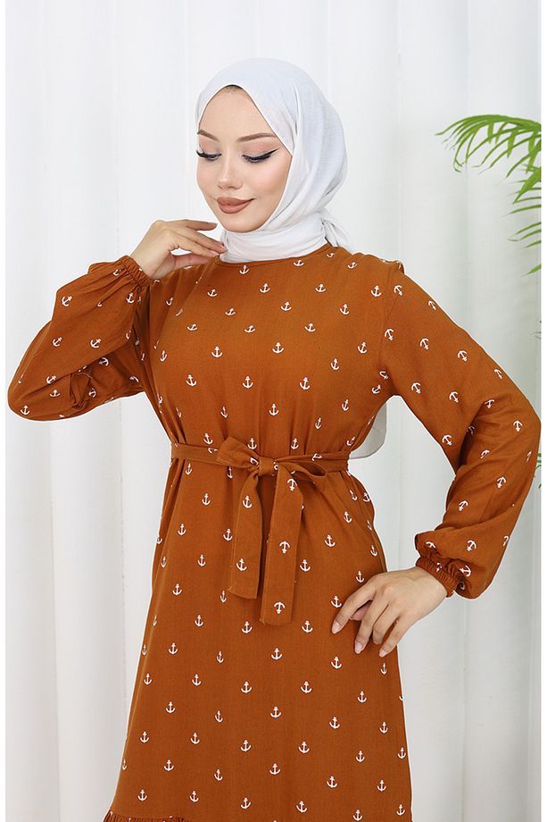 Berra Çapa Desen Pamuklu Viskon Elbise 0344-03 Taba - 3