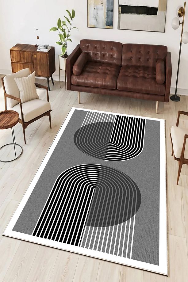 Salon Halısı Geometrik İskandinav Eskitmeli Dijital Baskı Yıkanabilir Kaymaz Taban 8174SALONHULYA - 1
