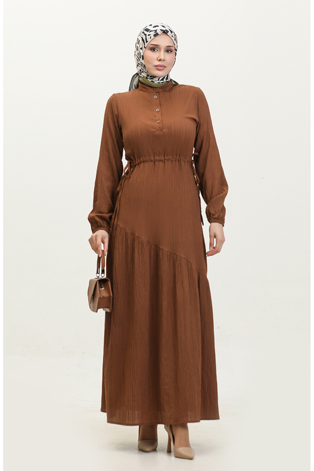 Tan 0363-04 Model Side Tie Gathered Dress