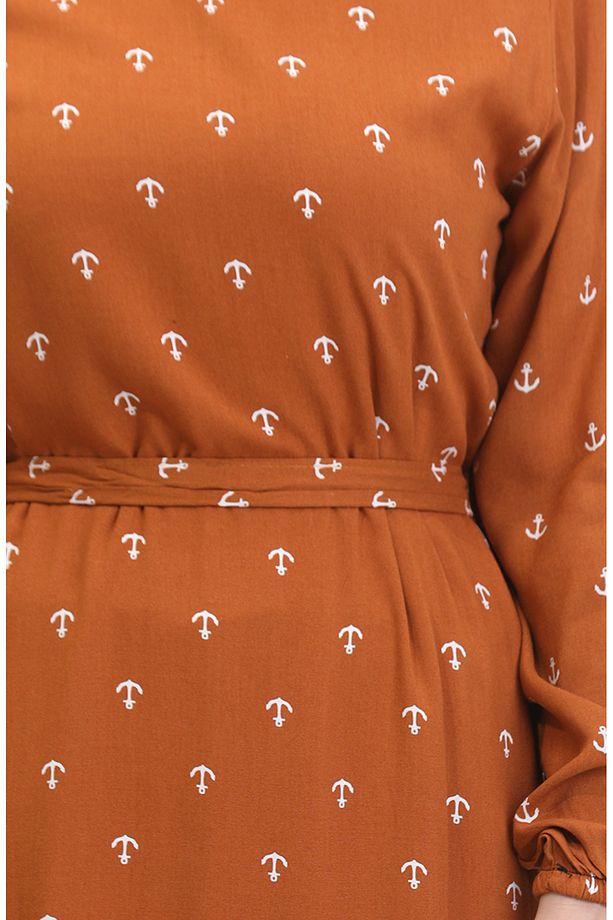 Çapa Desen Kuşaklı Elbise 0461-01 Taba - 5