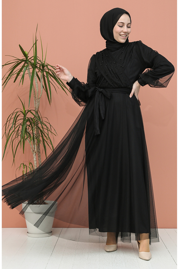 Tulle evening dress with pearls 81778-01 black