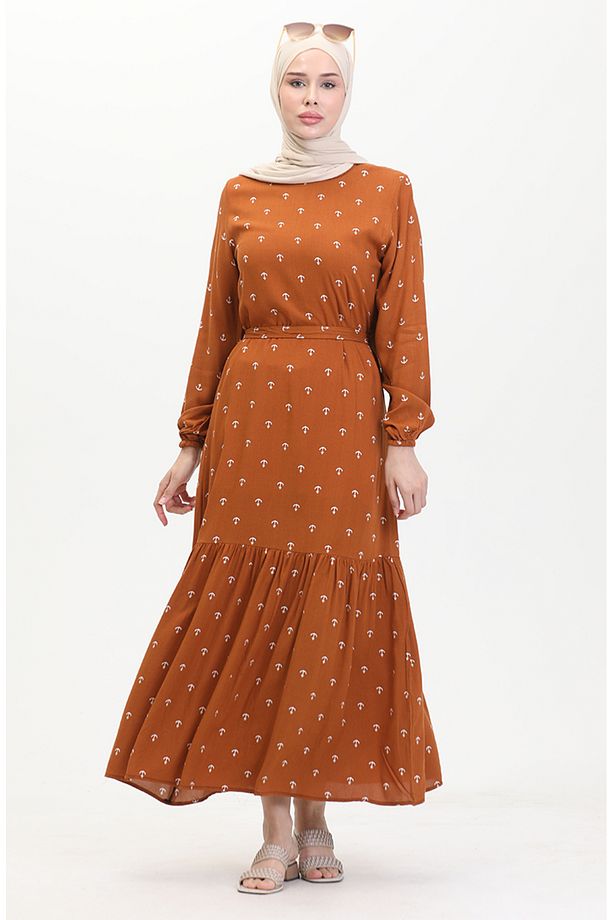 Çapa Desen Kuşaklı Elbise 0461-01 Taba - 3
