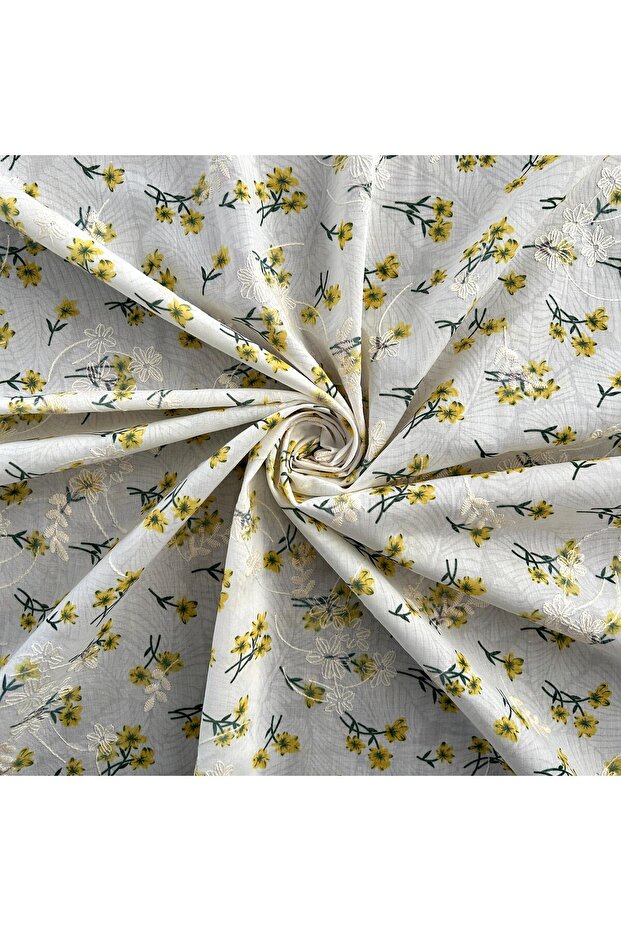 Elbiselik Vual Kumaş / Brode Nakış İşlemeli Çiçek Baskılı / DRY 3003 - 2