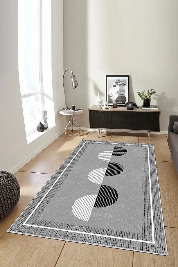 Salon Halısı Geometrik İskandinav Eskitmeli Dijital Baskı Yıkanabilir Kaymaz Taban 8163SALONHULYA - 3
