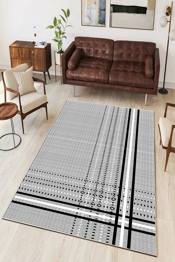 Salon Halısı Geometrik İskandinav Eskitmeli Dijital Baskı Yıkanabilir Kaymaz Taban 8168SALONHULYA - 1