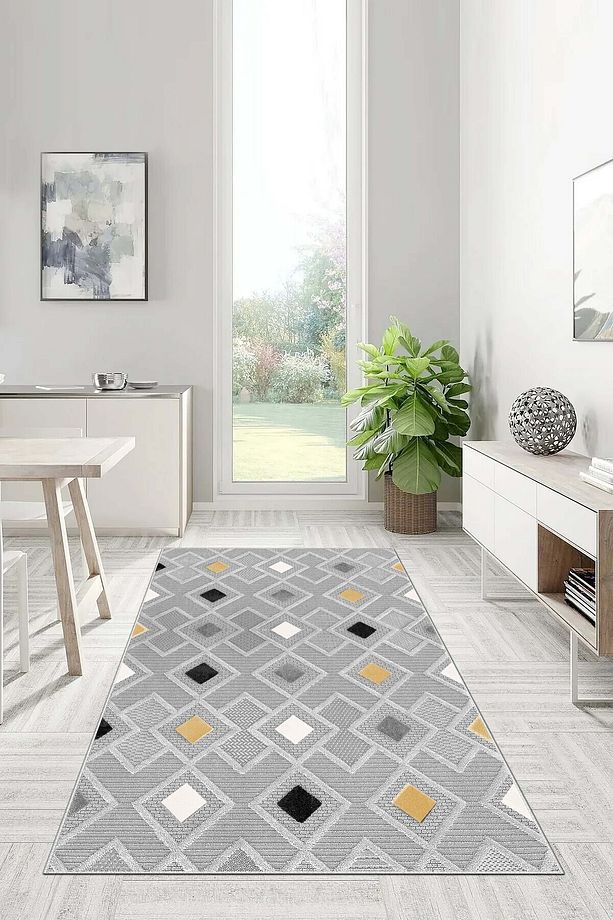 Salon Halısı Geometrik İskandinav Eskitmeli Dijital Baskı Yıkanabilir Kaymaz Taban  8151+ - 1