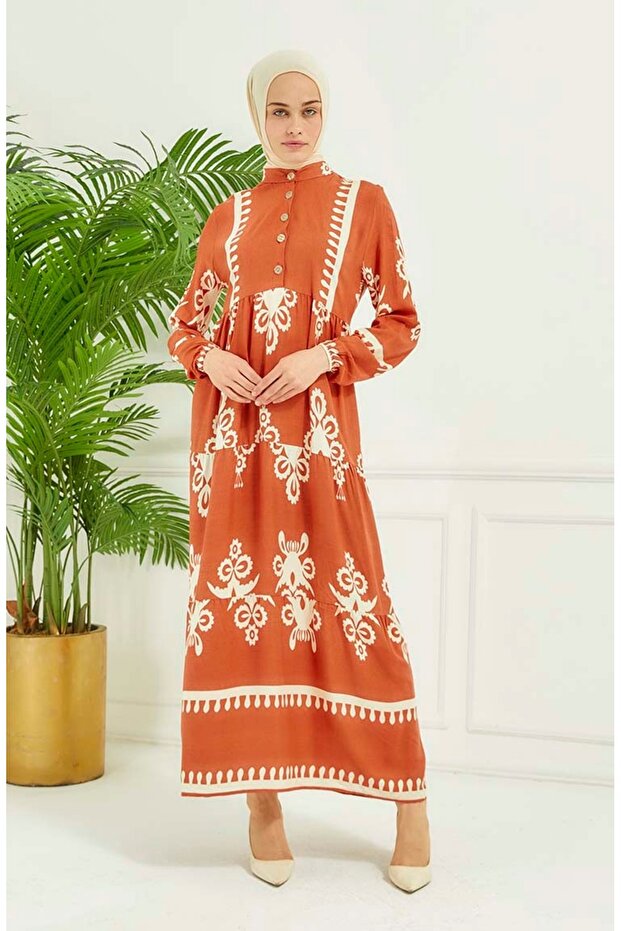 Orange Tile Patterned Dress - 4100-06 - 4