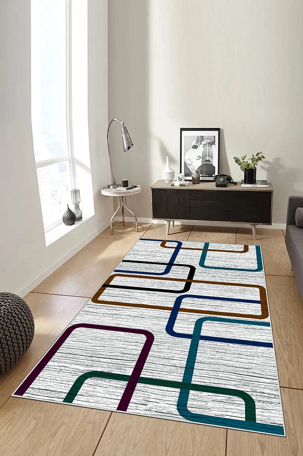 Salon Halısı Geometrik İskandinav Eskitmeli Dijital Baskı Yıkanabilir Kaymaz Taban 8171SALONHULYA - 2